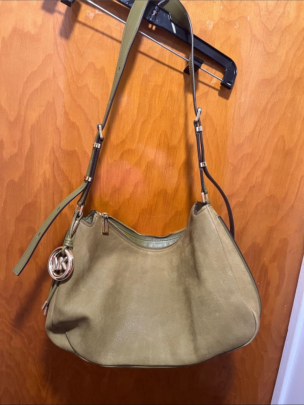 Michael Kors Olive Green Leather Hobo with Gold MK Charm